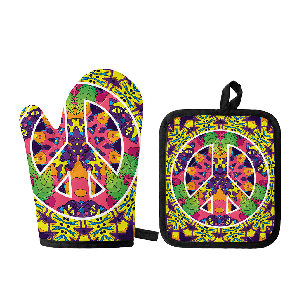 Psychedelic Hippie Peace Sign Print Oven Mitt And Pot Holder Set