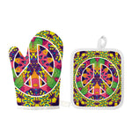 Psychedelic Hippie Peace Sign Print Oven Mitt And Pot Holder Set