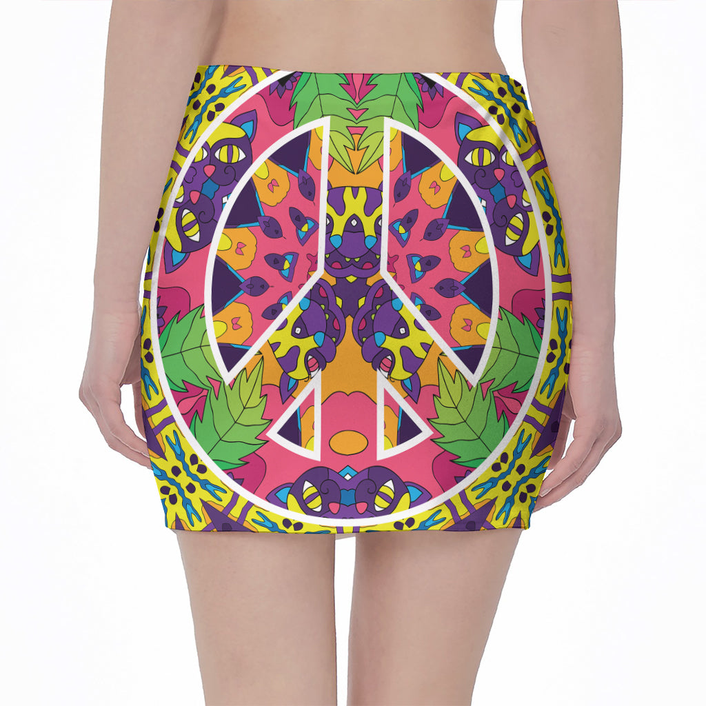 Psychedelic Hippie Peace Sign Print Pencil Mini Skirt