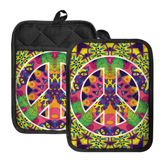 Psychedelic Hippie Peace Sign Print Pot Holders With Pocket