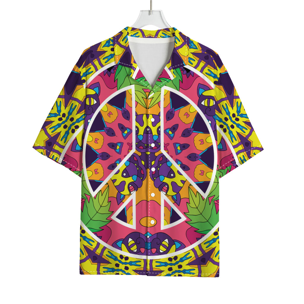 Psychedelic Hippie Peace Sign Print Rayon Hawaiian Shirt