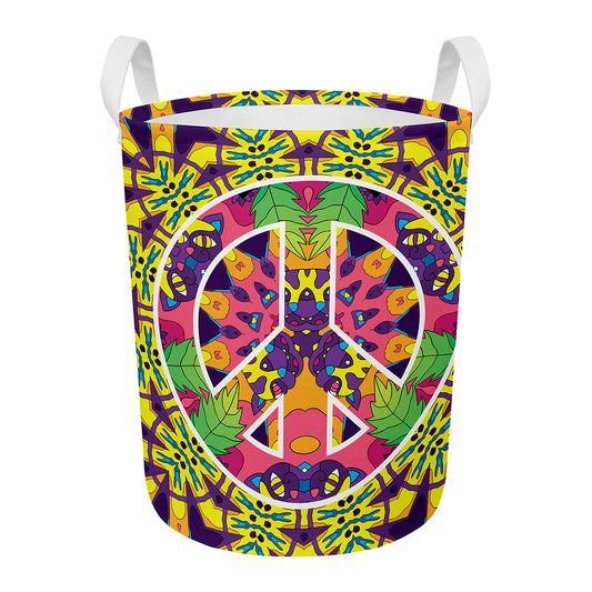 Psychedelic Hippie Peace Sign Print Round Laundry Basket