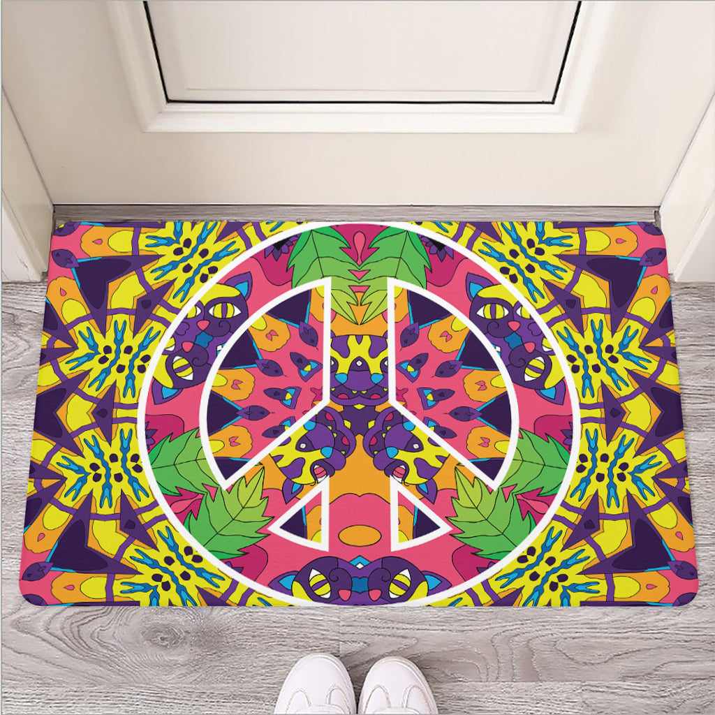 Psychedelic Hippie Peace Sign Print Rubber Doormat