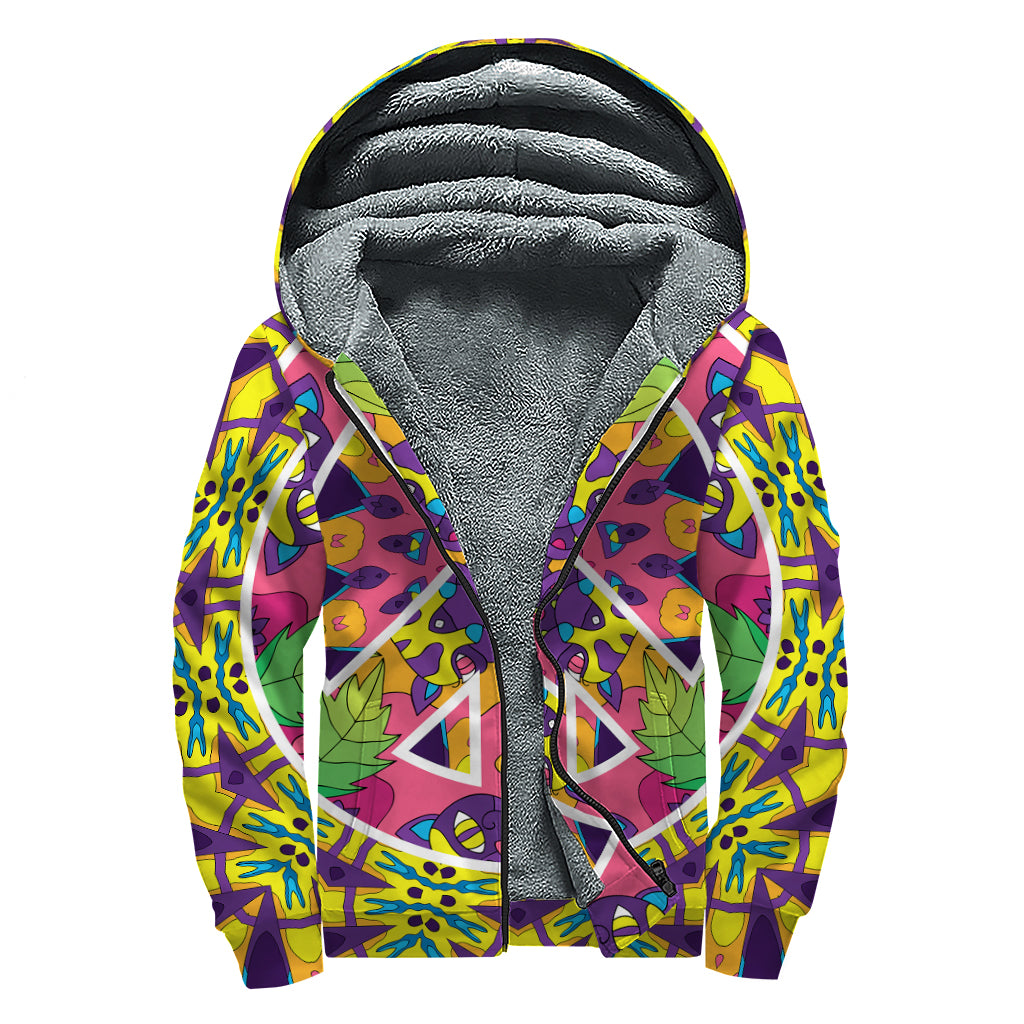 Psychedelic Hippie Peace Sign Print Sherpa Lined Zip Up Hoodie
