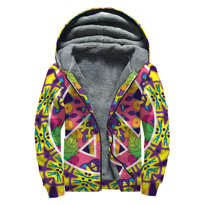 Psychedelic Hippie Peace Sign Print Sherpa Lined Zip Up Hoodie