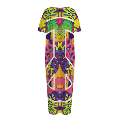 Psychedelic Hippie Peace Sign Print Short Sleeve Long Nightdress