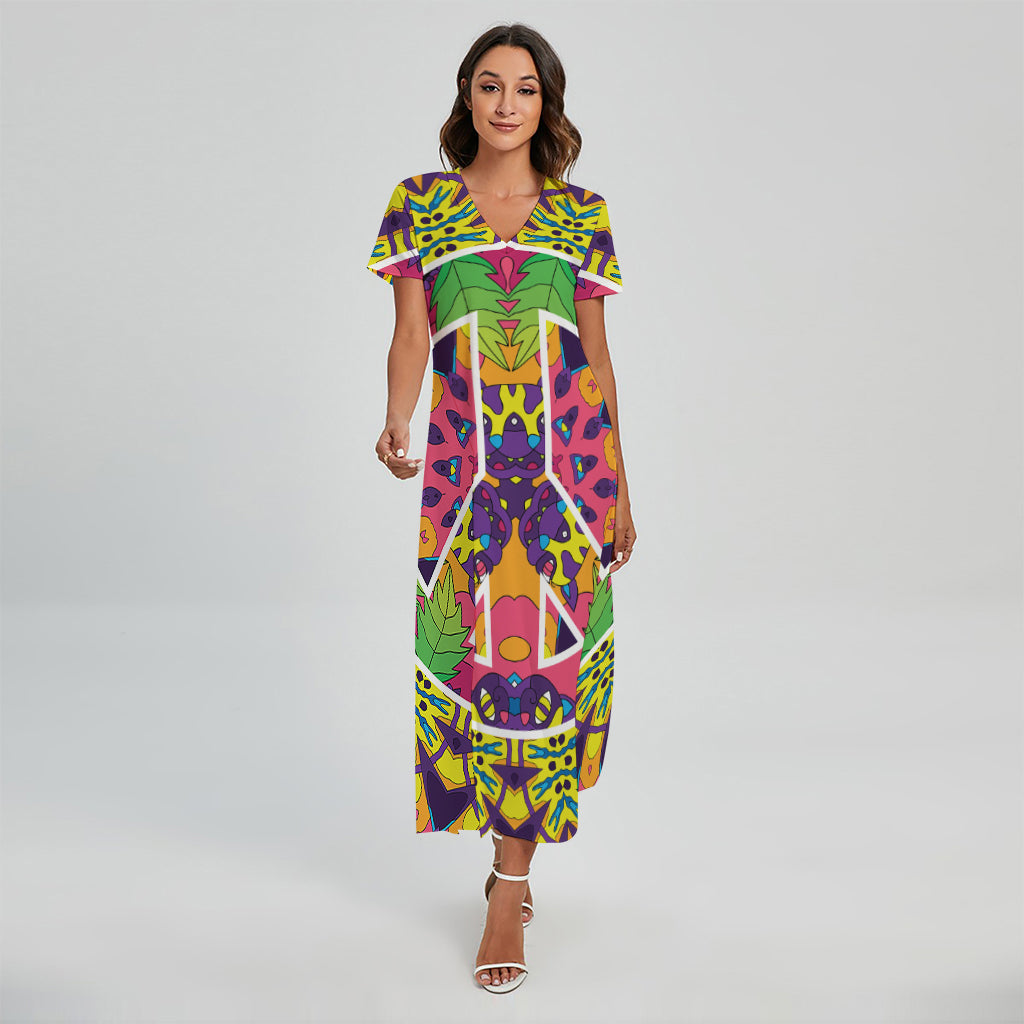 Psychedelic Hippie Peace Sign Print Short Sleeve Maxi Dress