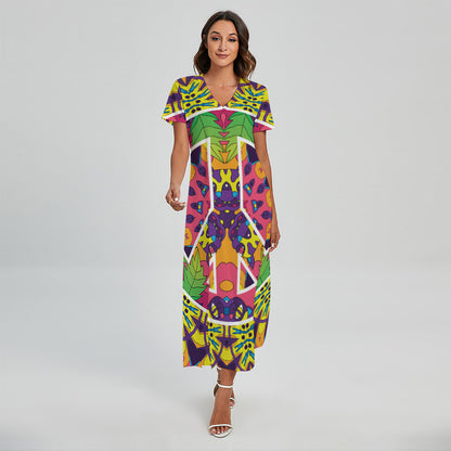 Psychedelic Hippie Peace Sign Print Short Sleeve Maxi Dress