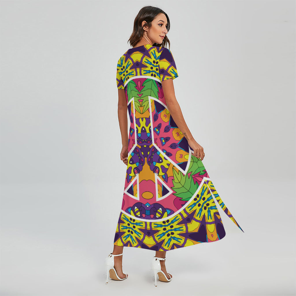 Psychedelic Hippie Peace Sign Print Short Sleeve Maxi Dress