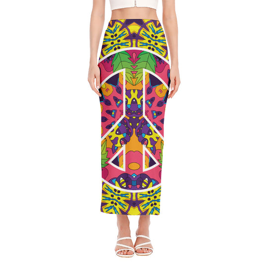 Psychedelic Hippie Peace Sign Print Side Slit Maxi Skirt
