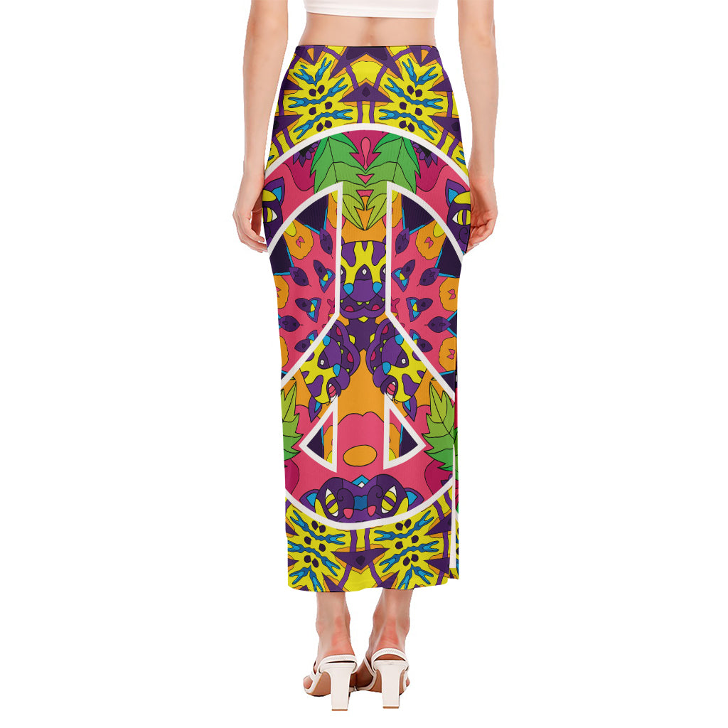Psychedelic Hippie Peace Sign Print Side Slit Maxi Skirt