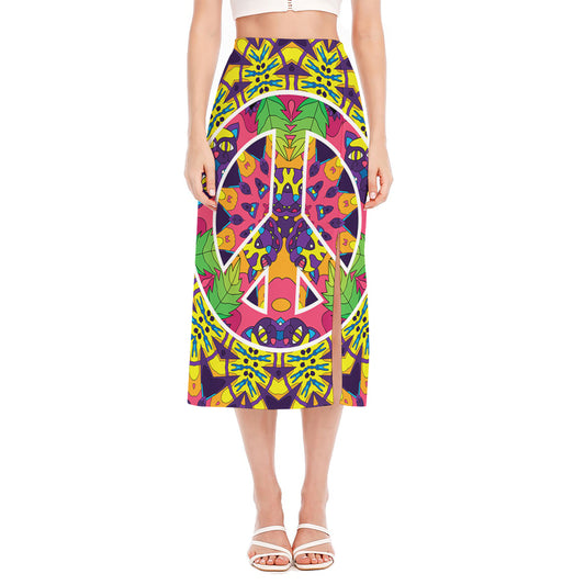 Psychedelic Hippie Peace Sign Print Side Slit Midi Skirt