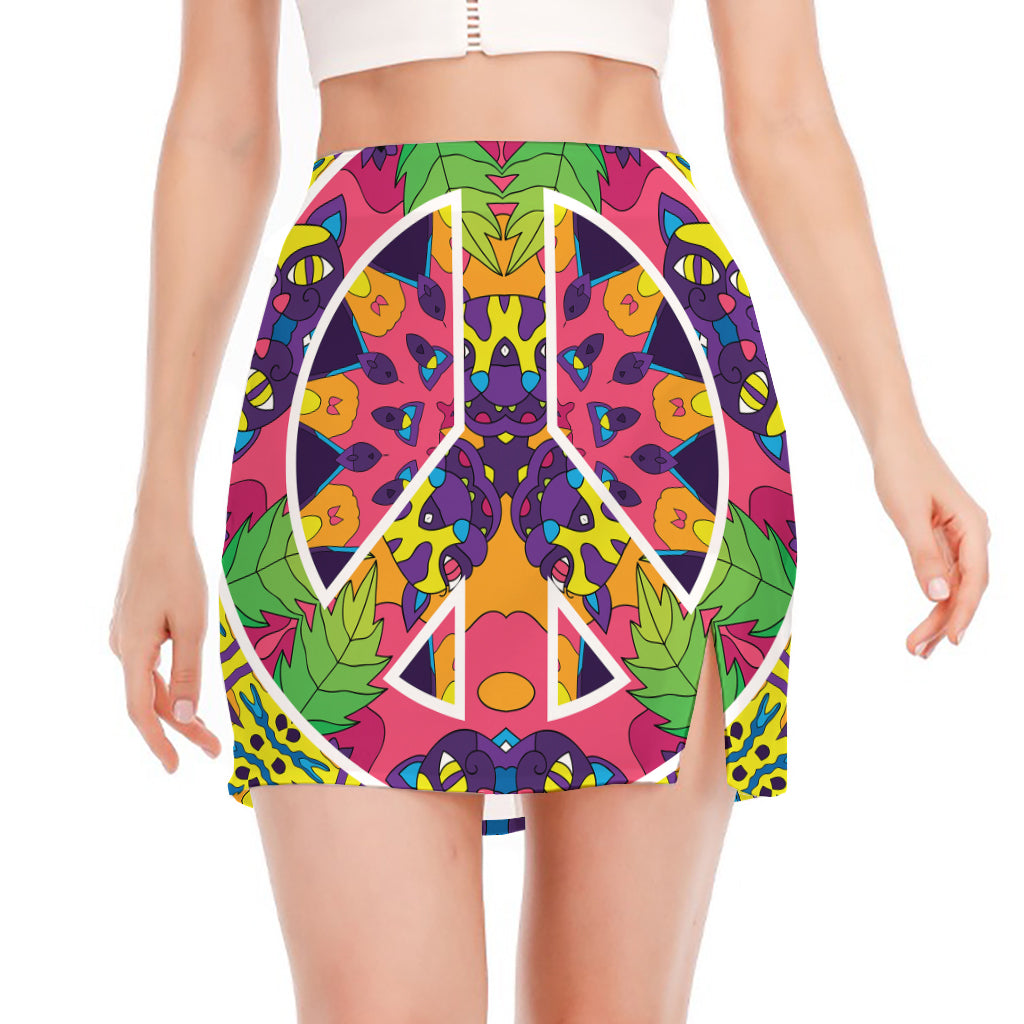 Psychedelic Hippie Peace Sign Print Side Slit Mini Skirt