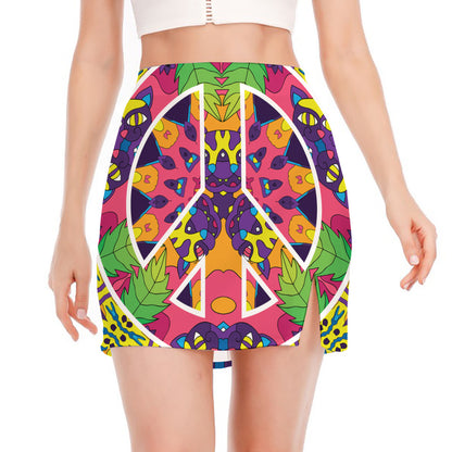 Psychedelic Hippie Peace Sign Print Side Slit Mini Skirt