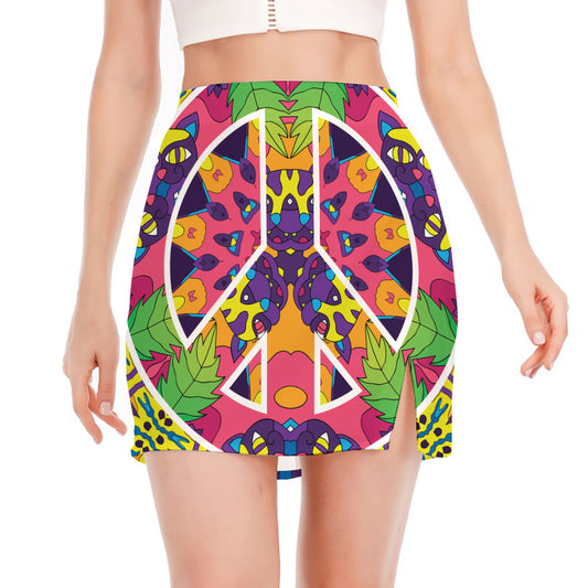 Psychedelic Hippie Peace Sign Print Side Slit Mini Skirt