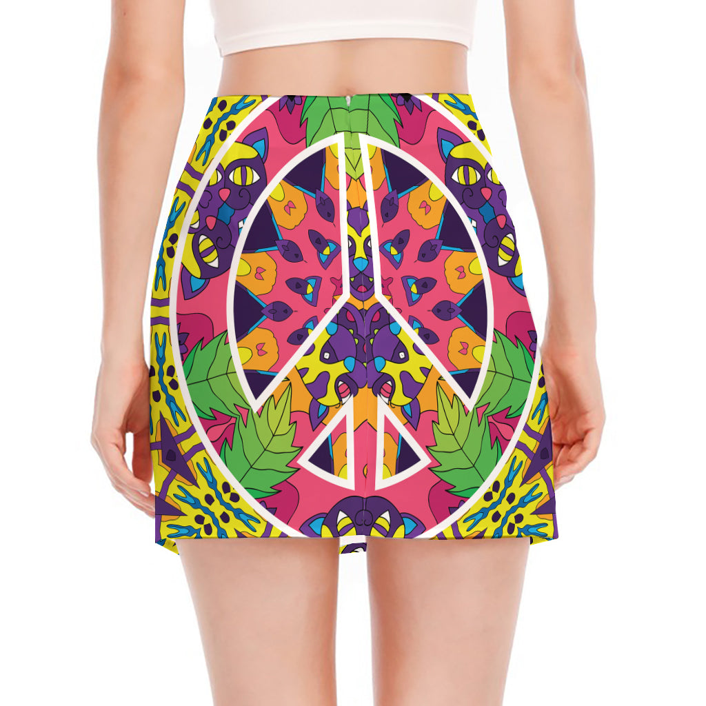 Psychedelic Hippie Peace Sign Print Side Slit Mini Skirt