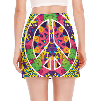 Psychedelic Hippie Peace Sign Print Side Slit Mini Skirt