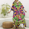 Psychedelic Hippie Peace Sign Print Silk V-Neck Kaftan Dress