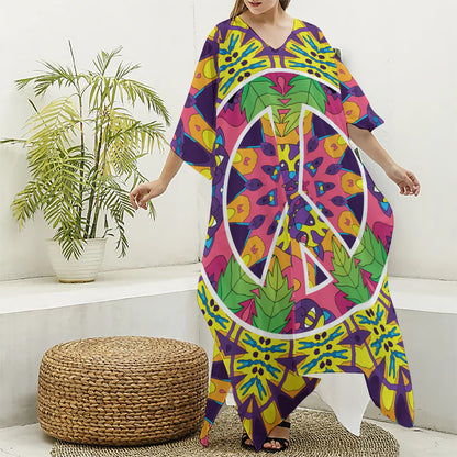 Psychedelic Hippie Peace Sign Print Silk V-Neck Kaftan Dress