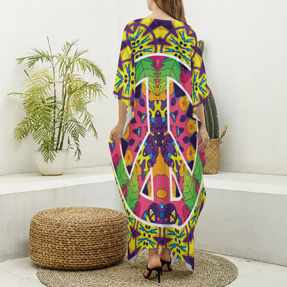 Psychedelic Hippie Peace Sign Print Silk V-Neck Kaftan Dress