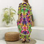Psychedelic Hippie Peace Sign Print Silk V-Neck Kaftan Dress