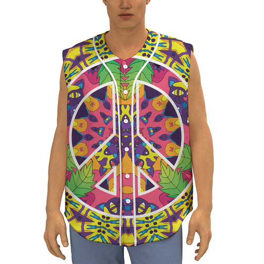 Psychedelic Hippie Peace Sign Print Sleeveless Baseball Jersey