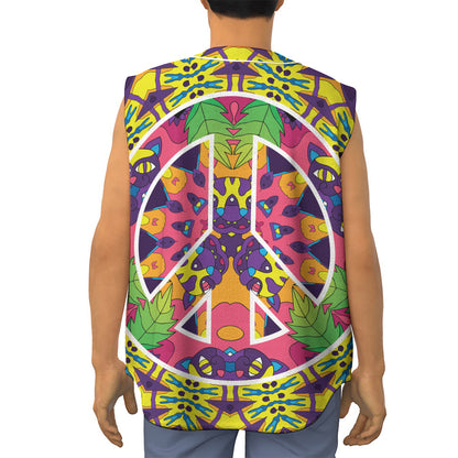 Psychedelic Hippie Peace Sign Print Sleeveless Baseball Jersey