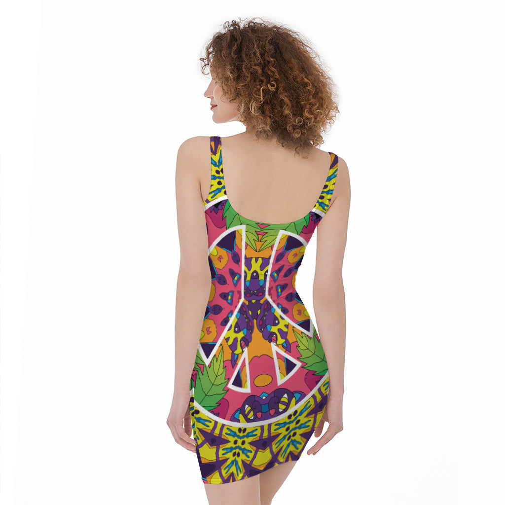 Psychedelic Hippie Peace Sign Print Sleeveless Bodycon Dress