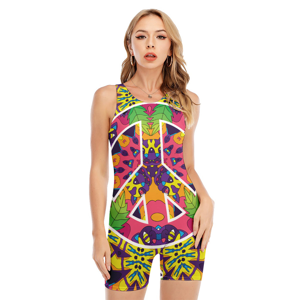 Psychedelic Hippie Peace Sign Print Sleeveless One Piece Swimsuit