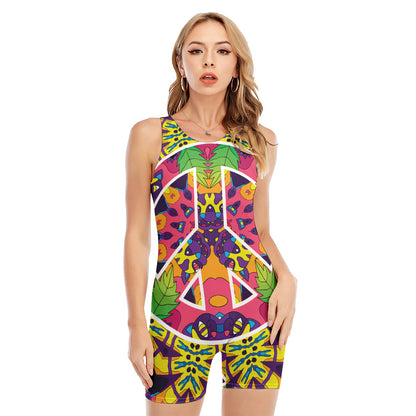 Psychedelic Hippie Peace Sign Print Sleeveless One Piece Swimsuit