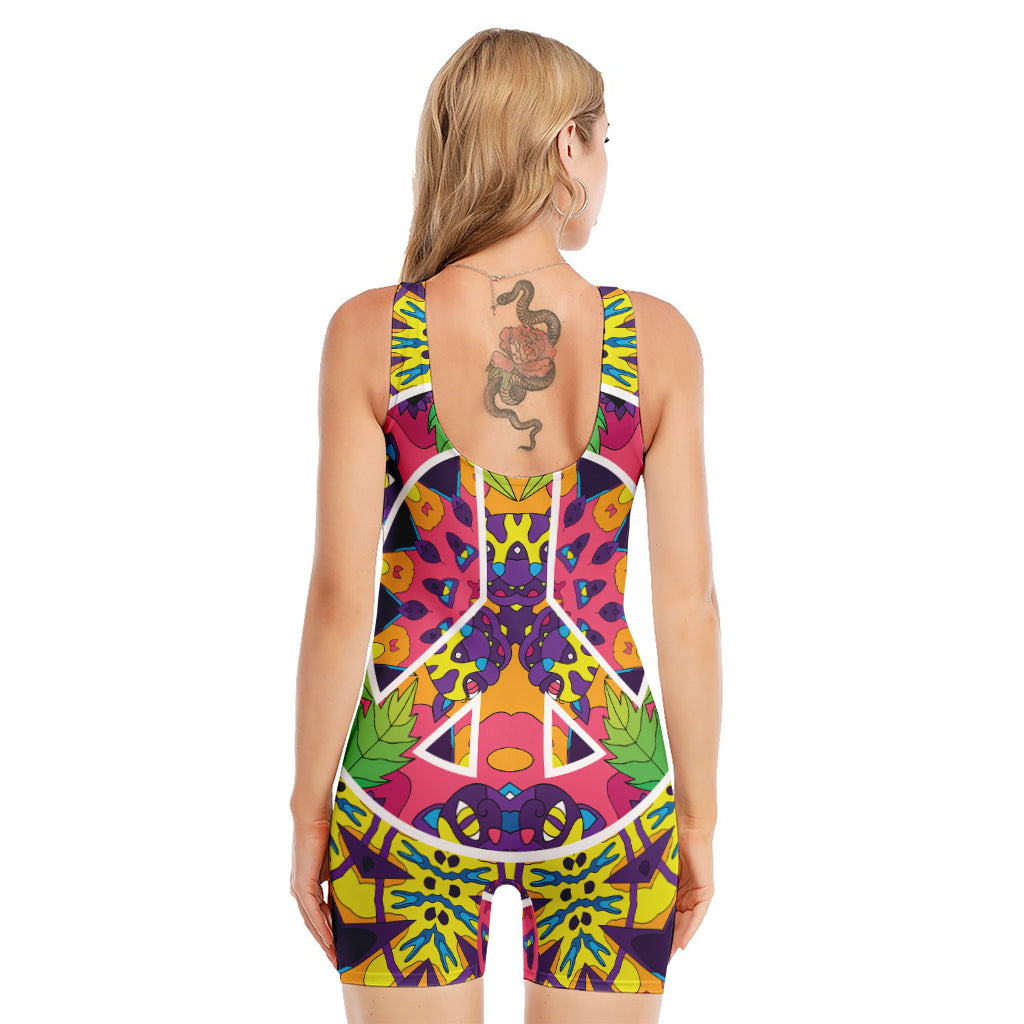 Psychedelic Hippie Peace Sign Print Sleeveless One Piece Swimsuit