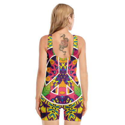 Psychedelic Hippie Peace Sign Print Sleeveless One Piece Swimsuit