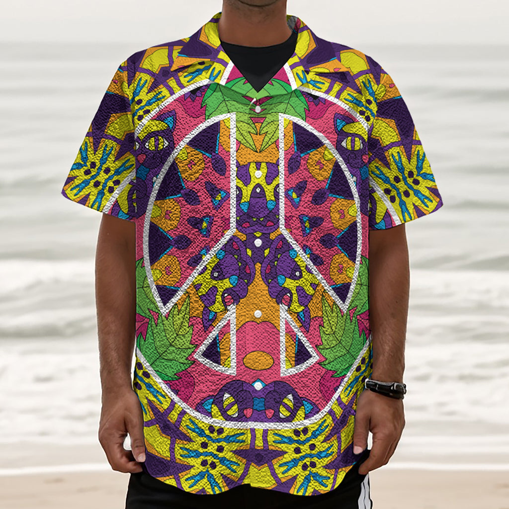 Psychedelic Hippie Peace Sign Print Textured Short Sleeve Shirt