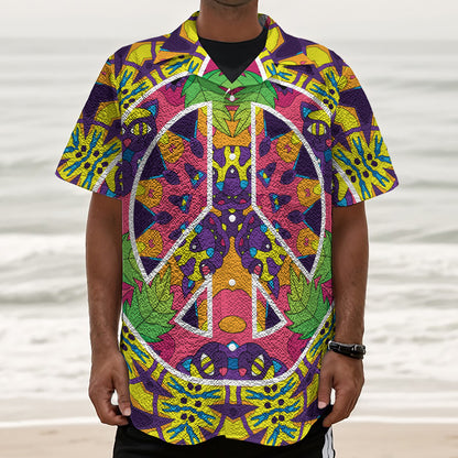 Psychedelic Hippie Peace Sign Print Textured Short Sleeve Shirt