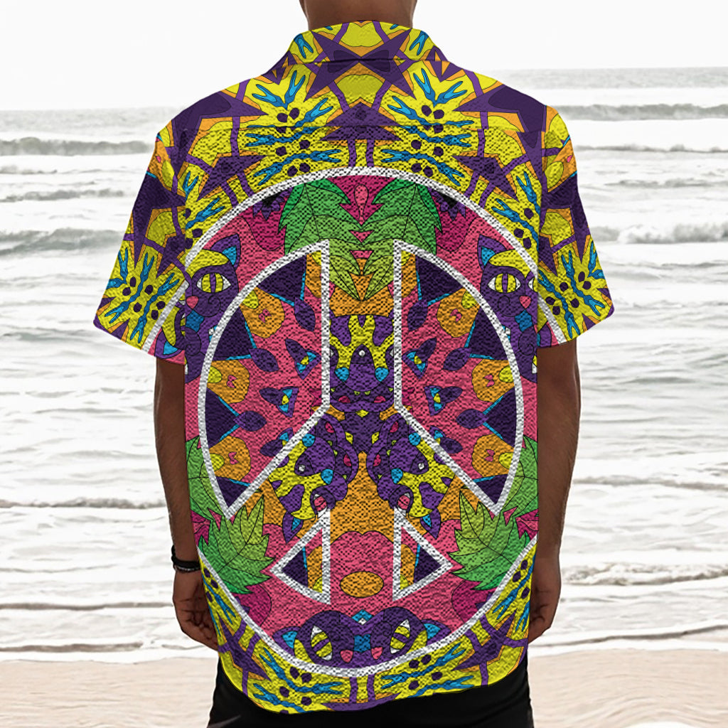 Psychedelic Hippie Peace Sign Print Textured Short Sleeve Shirt