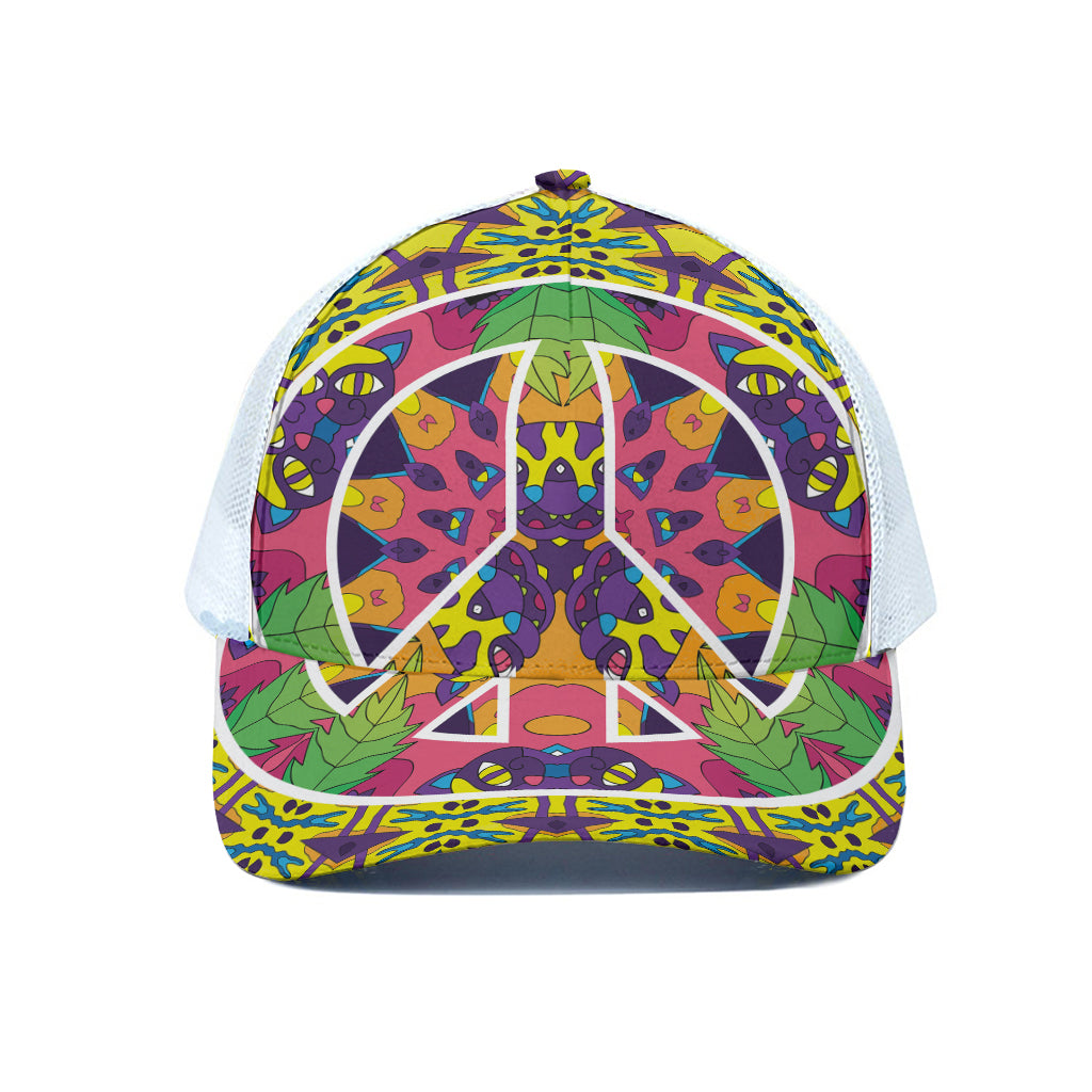 Psychedelic Hippie Peace Sign Print White Mesh Trucker Cap