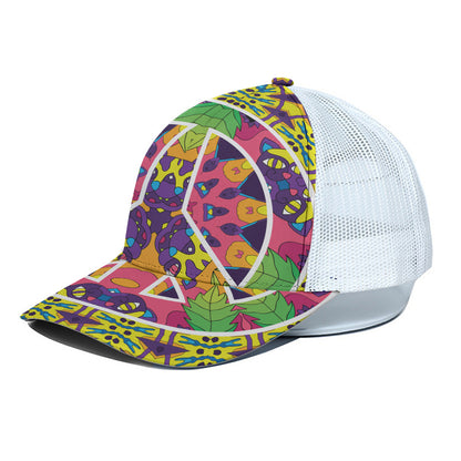Psychedelic Hippie Peace Sign Print White Mesh Trucker Cap
