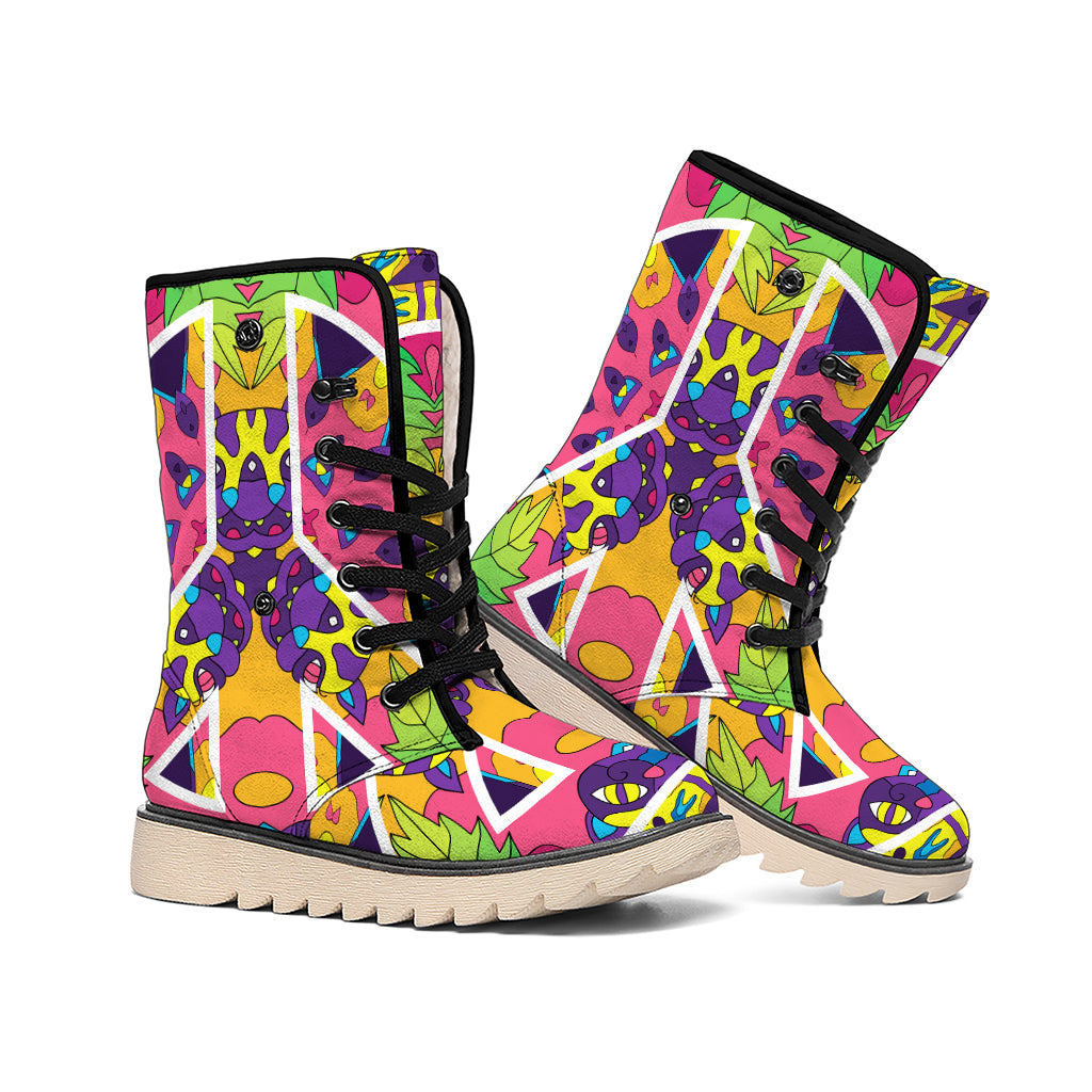 Psychedelic Hippie Peace Sign Print Winter Boots