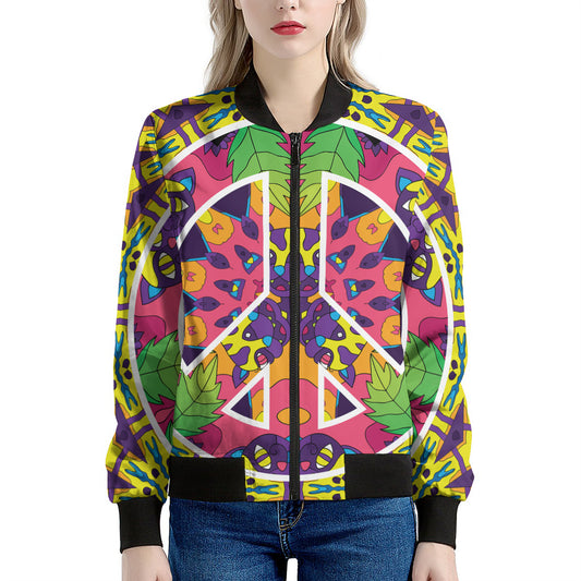Psychedelic Hippie Peace Sign Print Women's Bomber Jacket