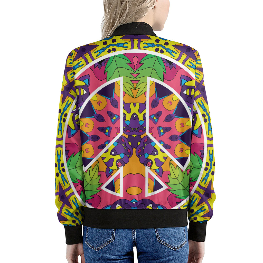 Psychedelic Hippie Peace Sign Print Women's Bomber Jacket