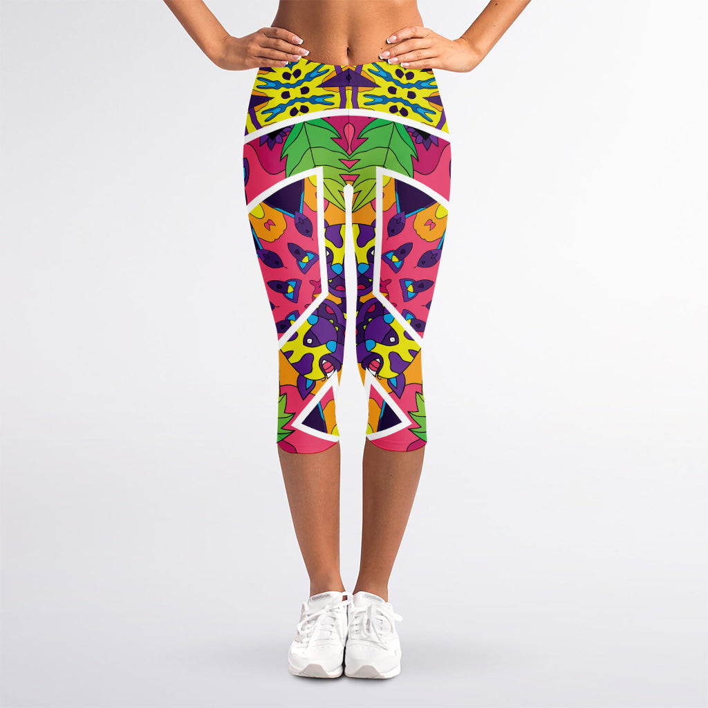 Psychedelic Hippie Peace Sign Print Women's Capri Leggings