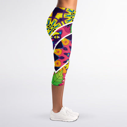 Psychedelic Hippie Peace Sign Print Women's Capri Leggings