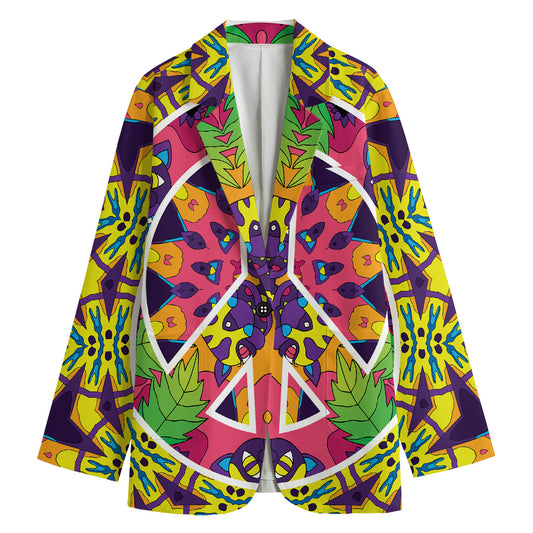 Psychedelic Hippie Peace Sign Print Women's Cotton Blazer