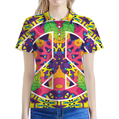 Psychedelic Hippie Peace Sign Print Women's Polo Shirt