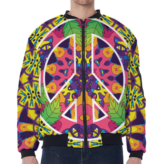 Psychedelic Hippie Peace Sign Print Zip Sleeve Bomber Jacket