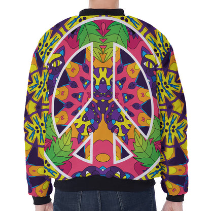 Psychedelic Hippie Peace Sign Print Zip Sleeve Bomber Jacket