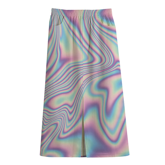 Psychedelic Holographic Print Cotton Front Slit Maxi Skirt