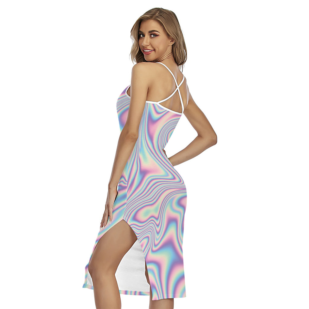 Psychedelic Holographic Print Cross Back Cami Dress