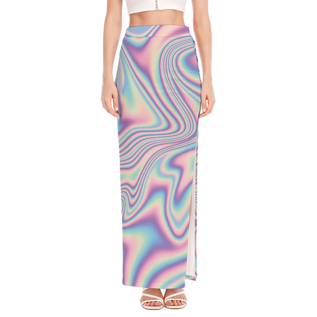 Psychedelic Holographic Print High Slit Maxi Skirt