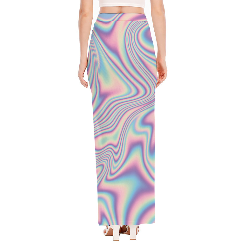 Psychedelic Holographic Print High Slit Maxi Skirt